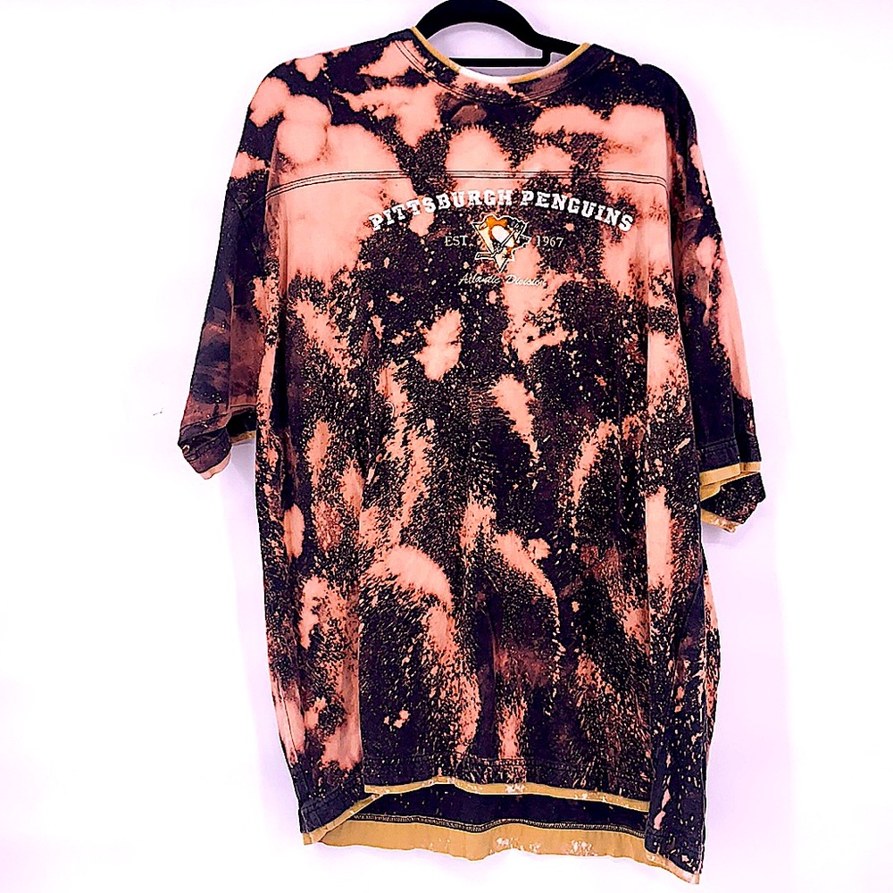 NHL Pittsburgh Penguins Black and Orange Bleached Short Sleeve Tee